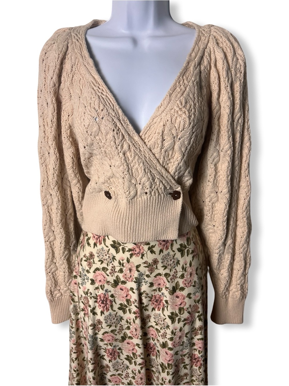 Free People Women’s Cable Knit Wrap Cardigan Sweater Oatmeal Beige Sz. XS